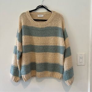 CJLA Beige and Blue Striped Balloon Sleeve Knit Sweater Women’s S
